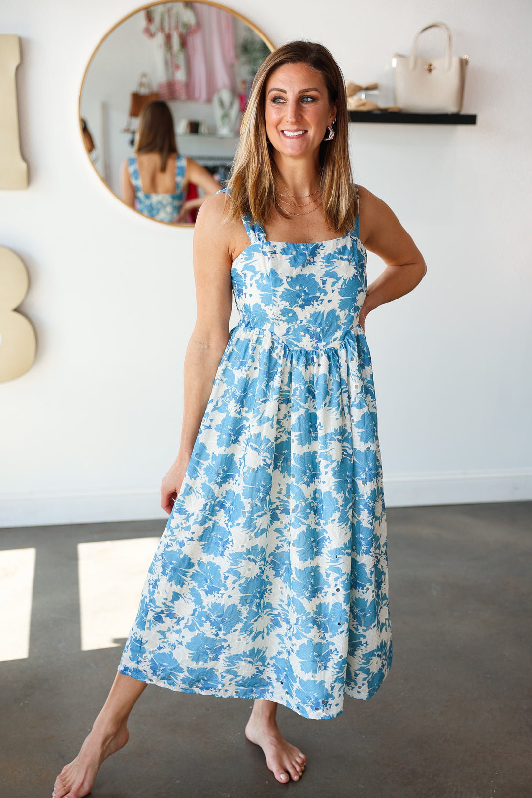 Floral Print Embroidered Midi Dress - Blue
