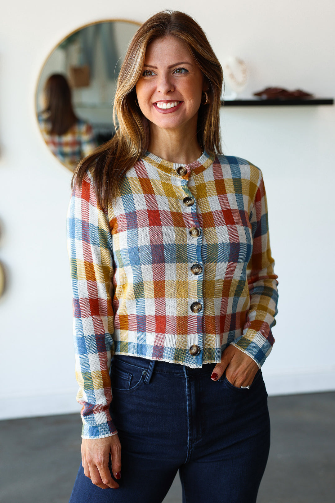 Checkered Button Front Cardigan