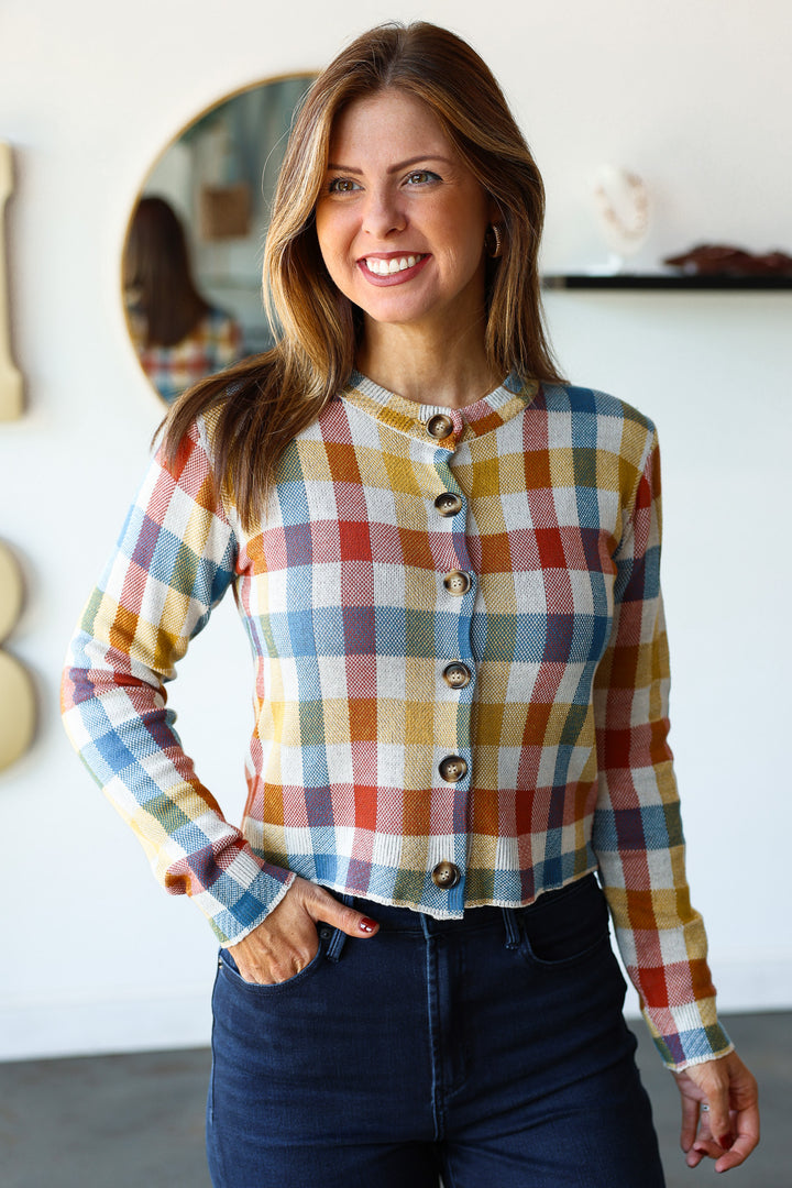 Checkered Button Front Cardigan