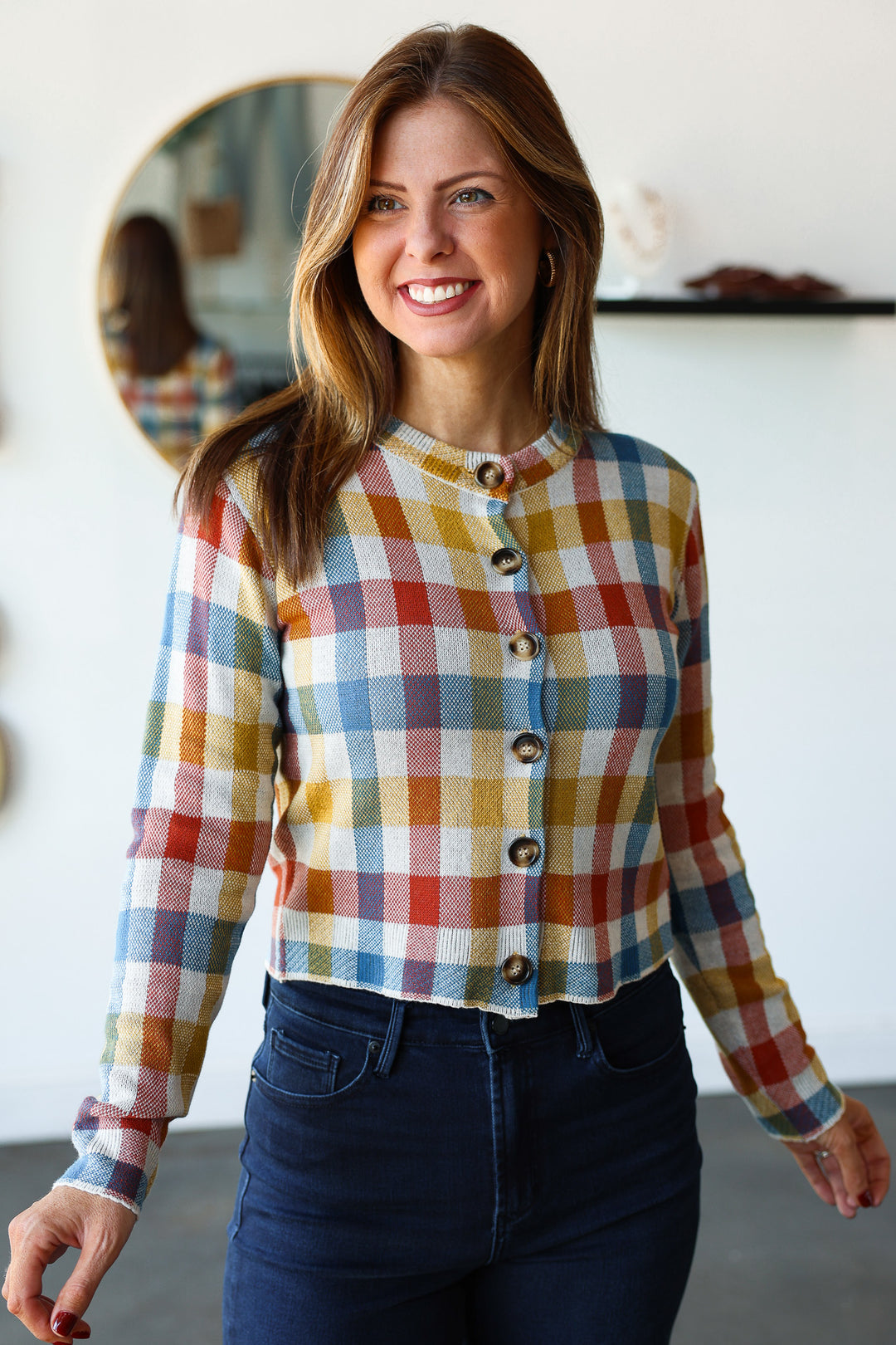 Checkered Button Front Cardigan