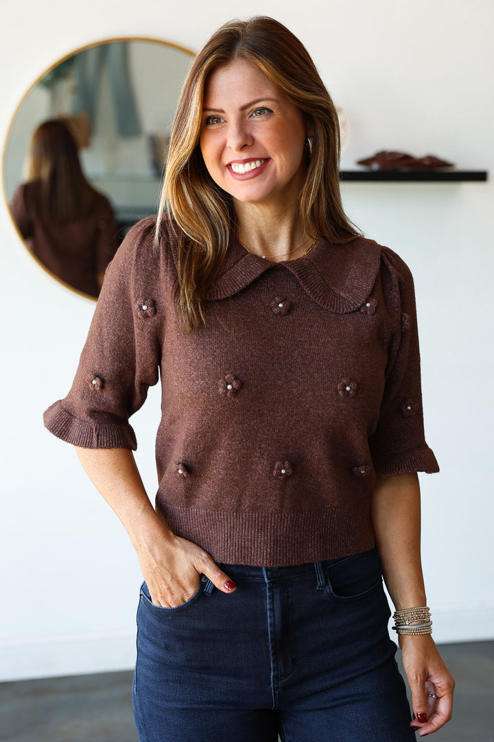 Floral Embellished Sweater - Brown