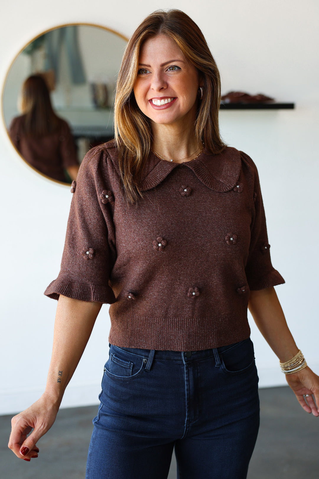 Floral Embellished Sweater - Brown