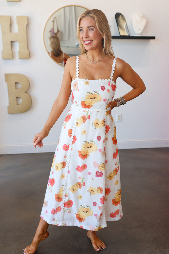 Floral Print Embroidered Trim Dress