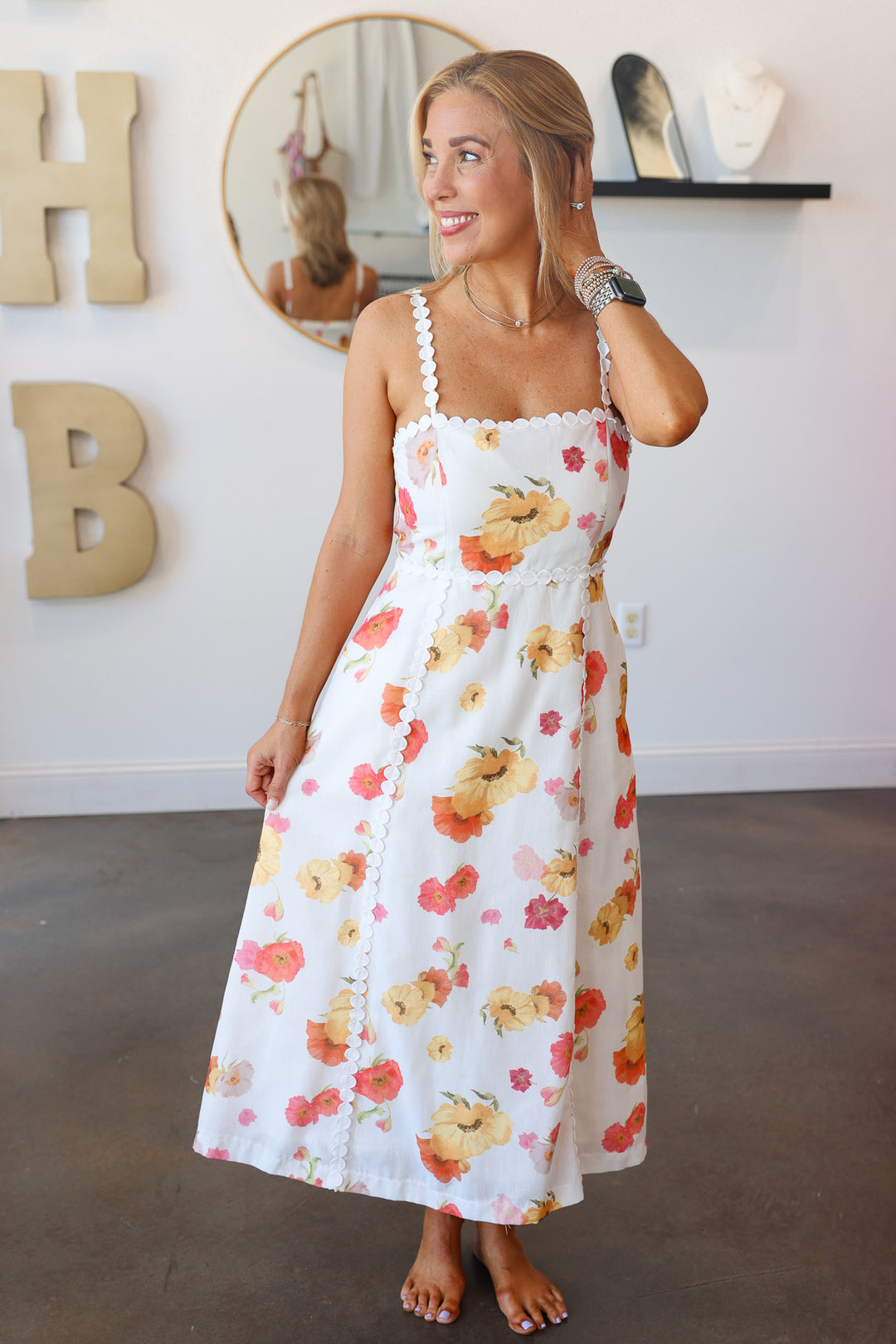 Floral Print Embroidered Trim Dress