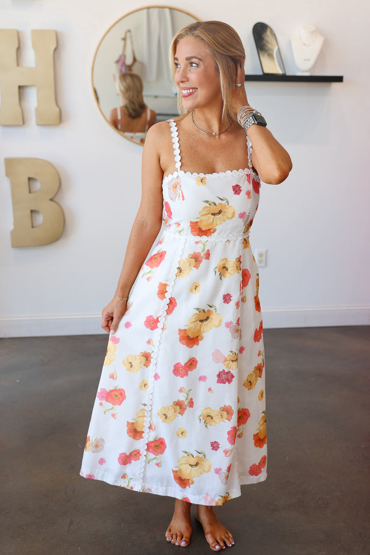 Floral Print Embroidered Trim Dress