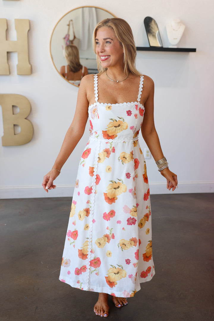Floral Print Embroidered Trim Dress