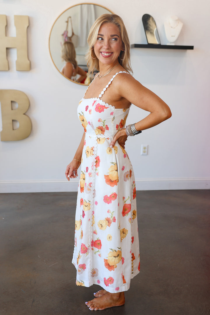 Floral Print Embroidered Trim Dress