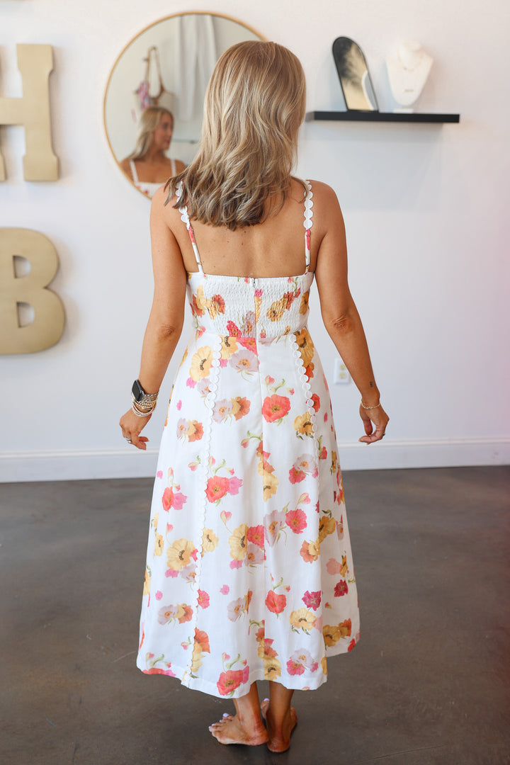 Floral Print Embroidered Trim Dress