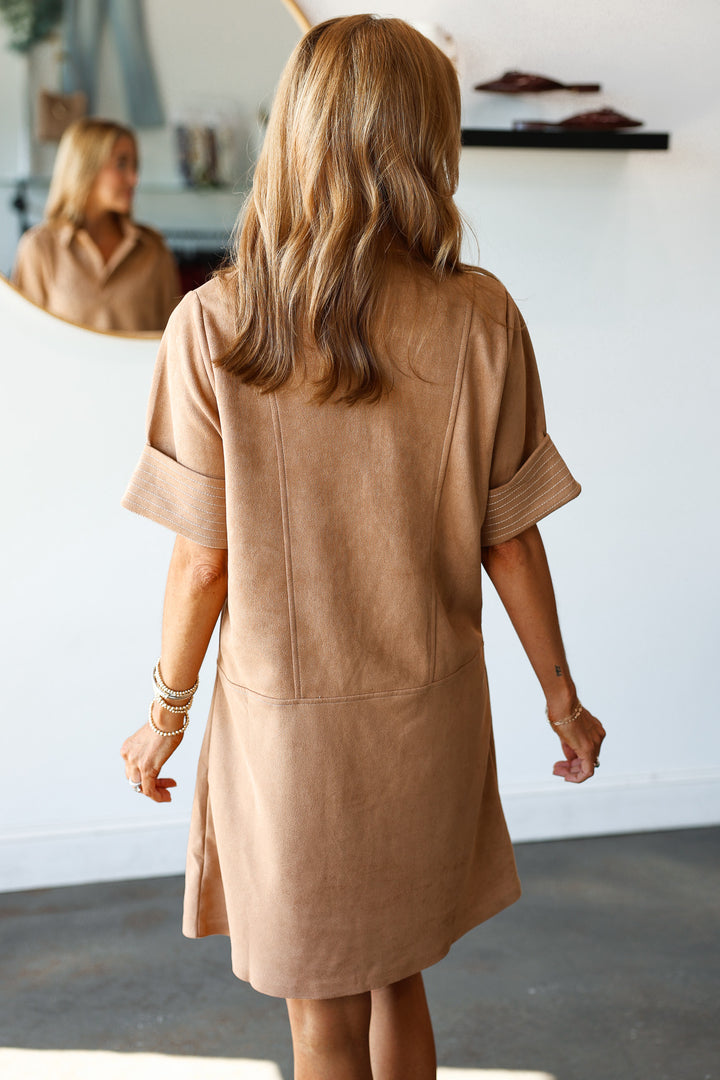 Collared Suede Dress - Camel