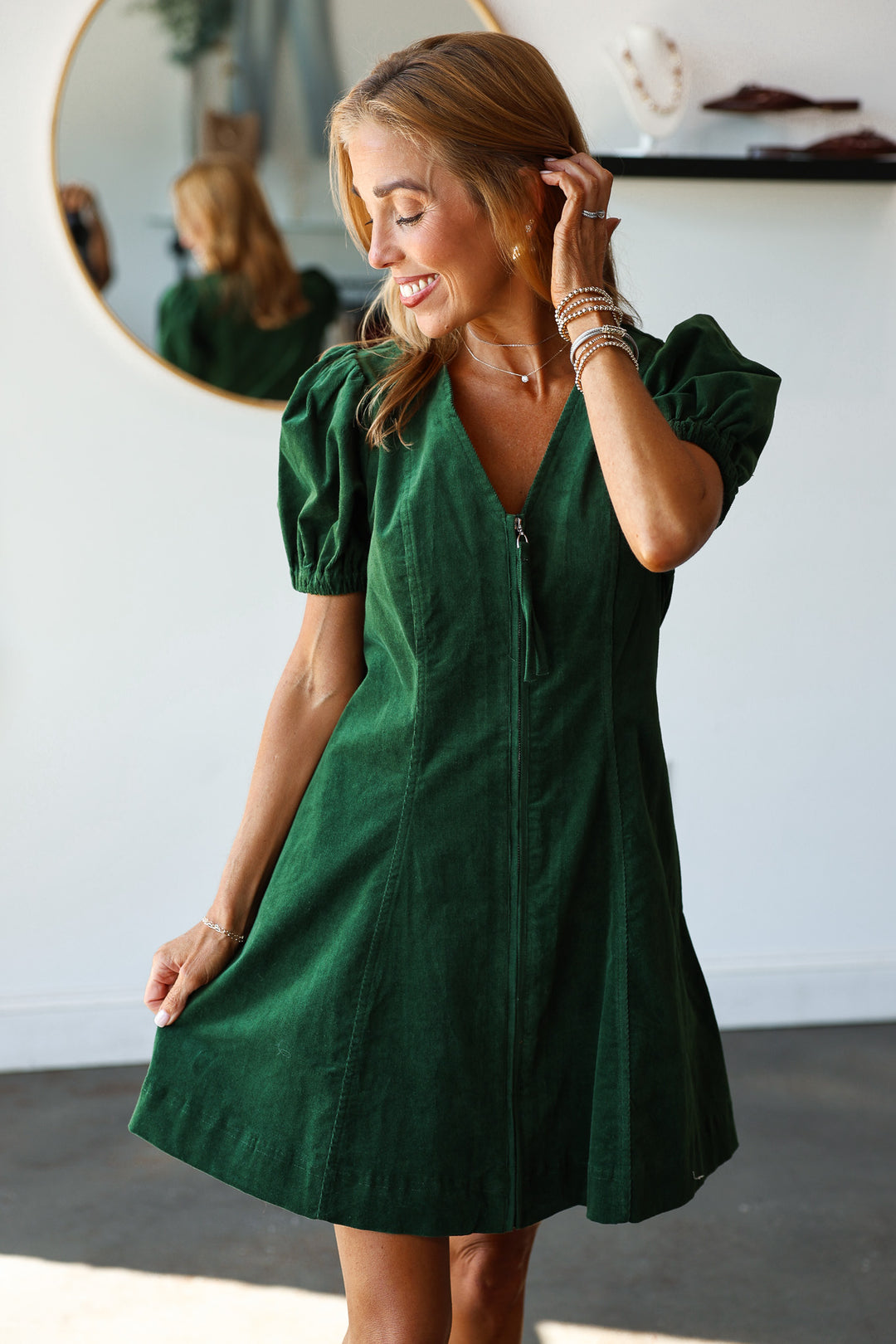 Front Zip Corduroy Dress - Hunter Green