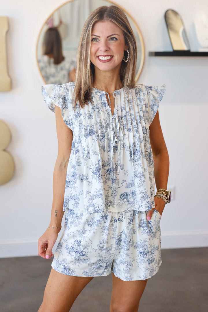 Pleated Top + Shorts Set - Cream/Blue