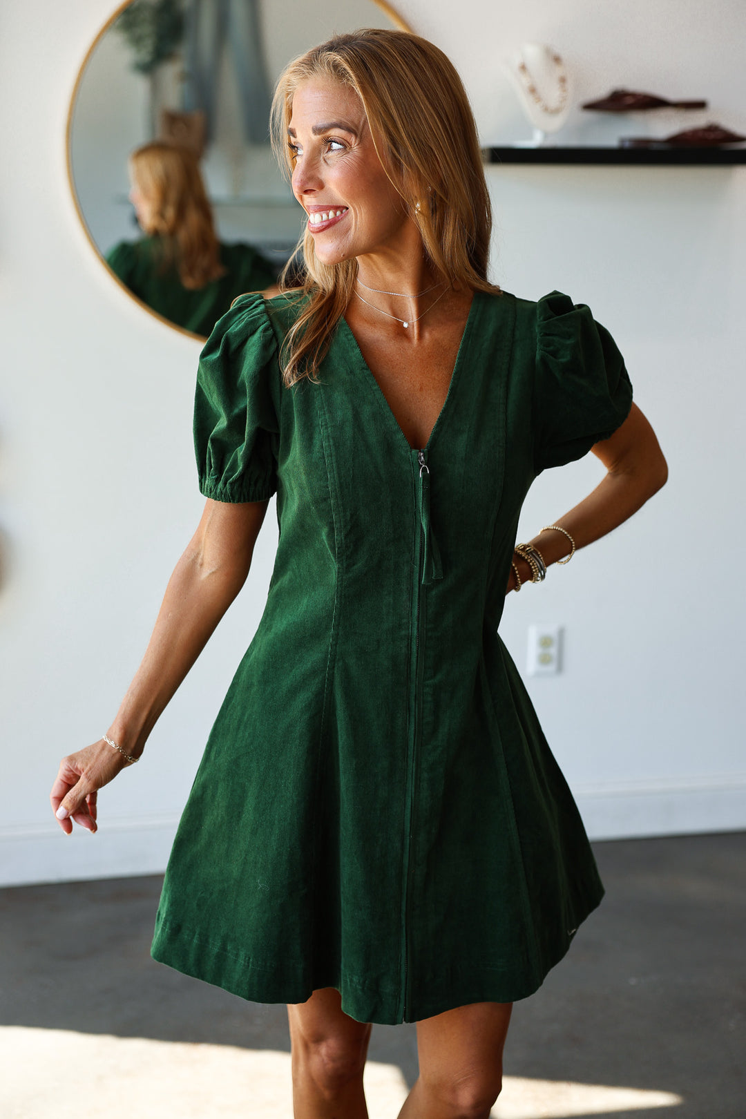 Front Zip Corduroy Dress - Hunter Green