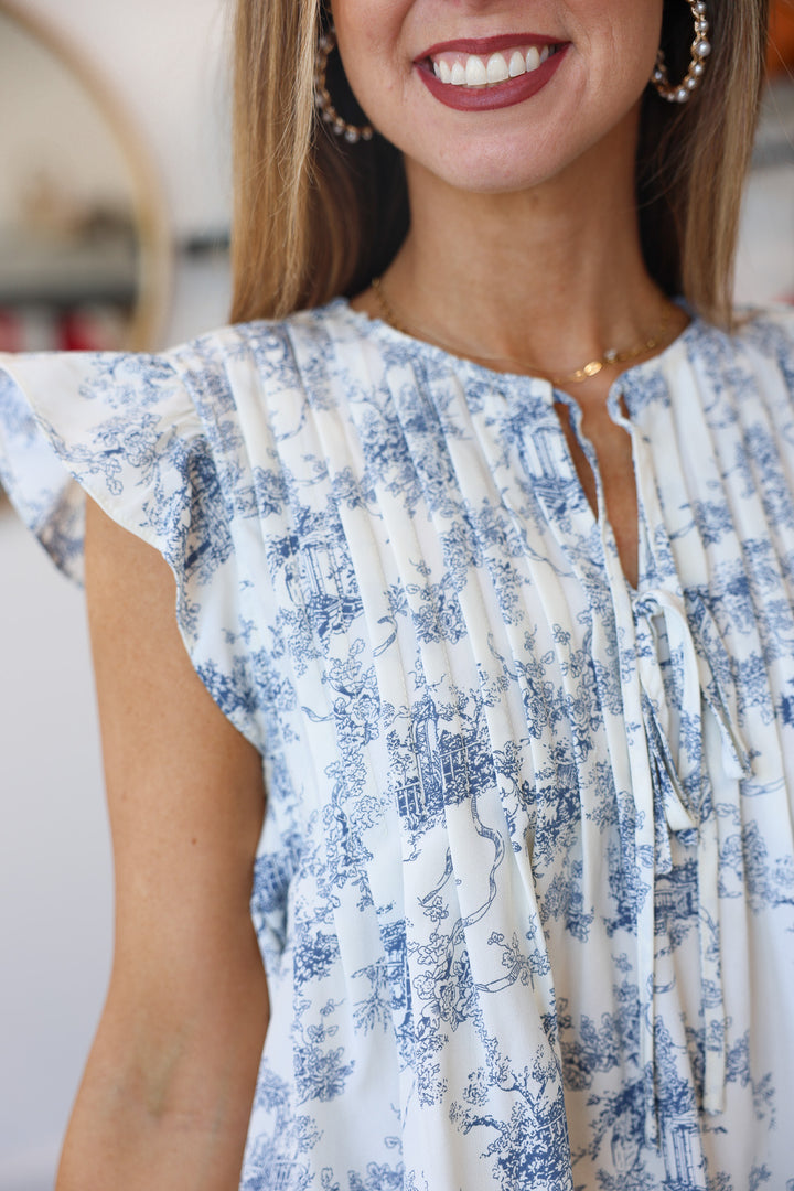 Pleated Top + Shorts Set - Cream/Blue