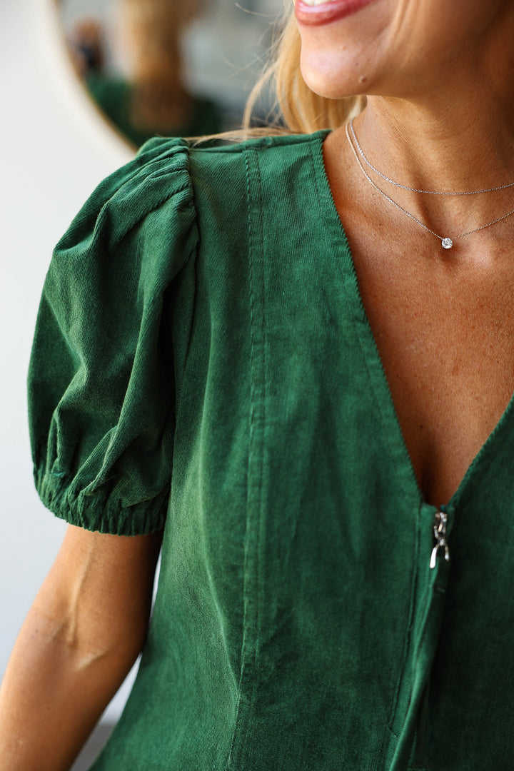 Front Zip Corduroy Dress - Hunter Green