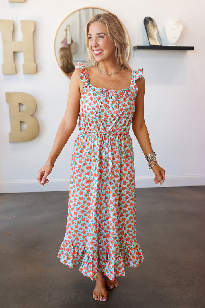 Floral Midi Dress - Sky/Orange