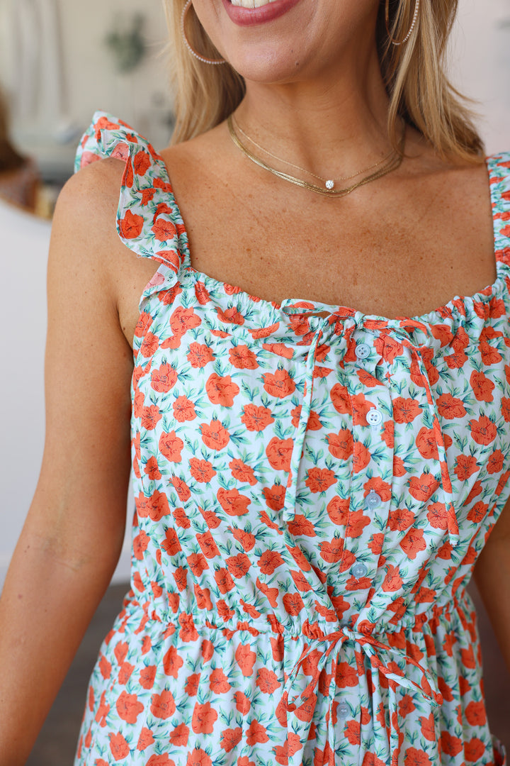 Floral Midi Dress - Sky/Orange