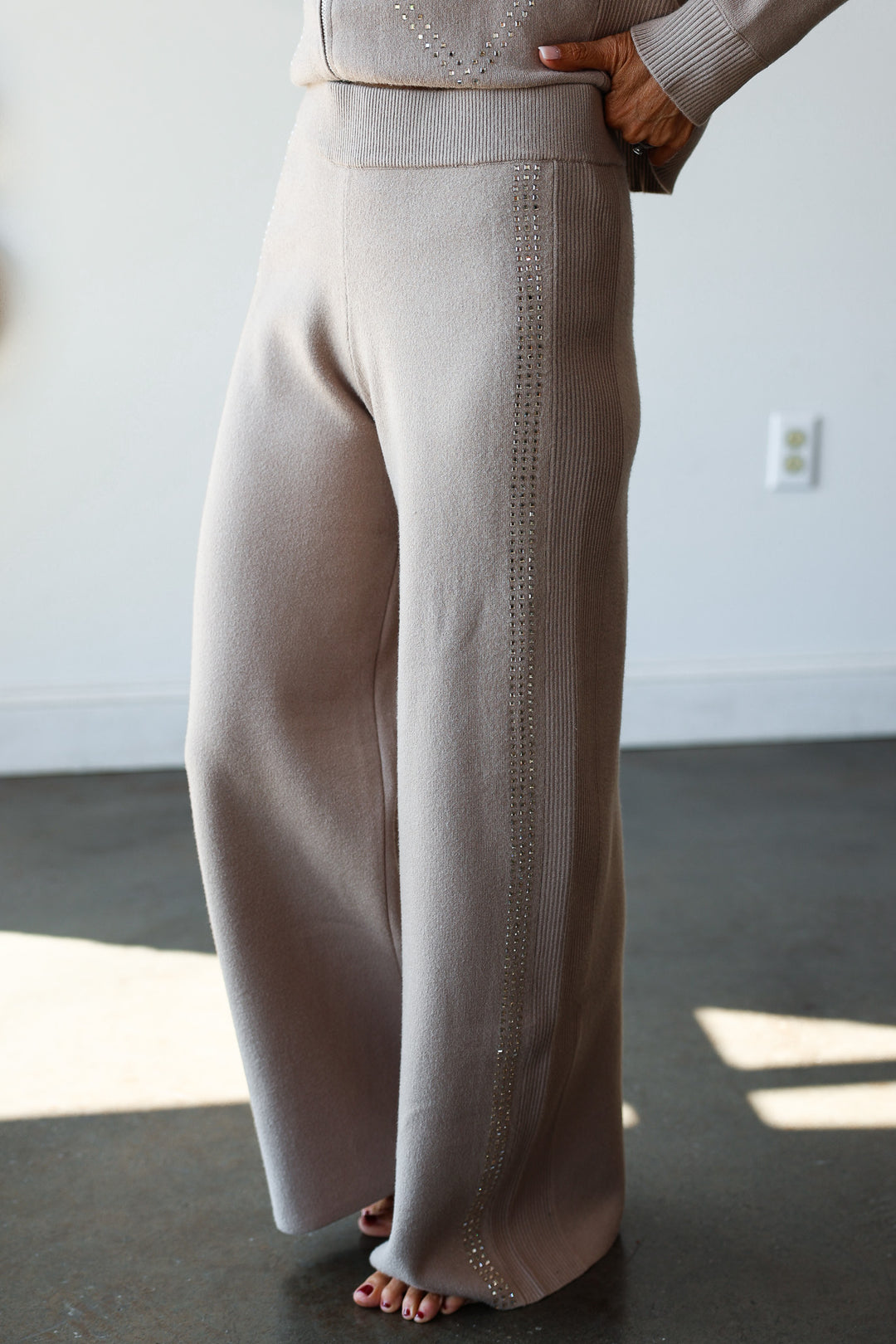 Rhinestone Elastic Waist Pants - Chai