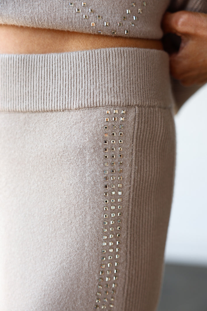 Rhinestone Elastic Waist Pants - Chai