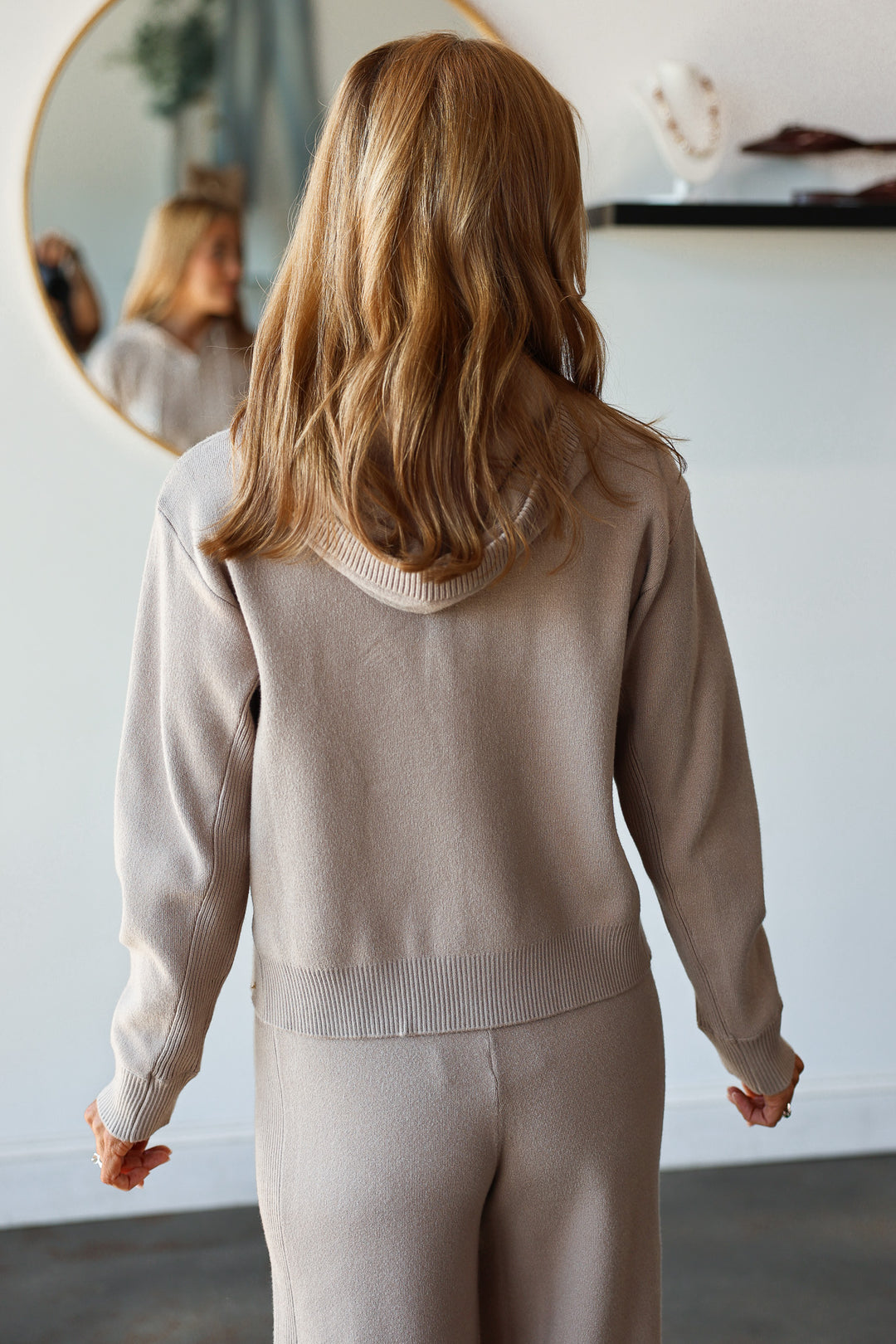 Rhinestone Knit Zip Up Hoodie - Chai