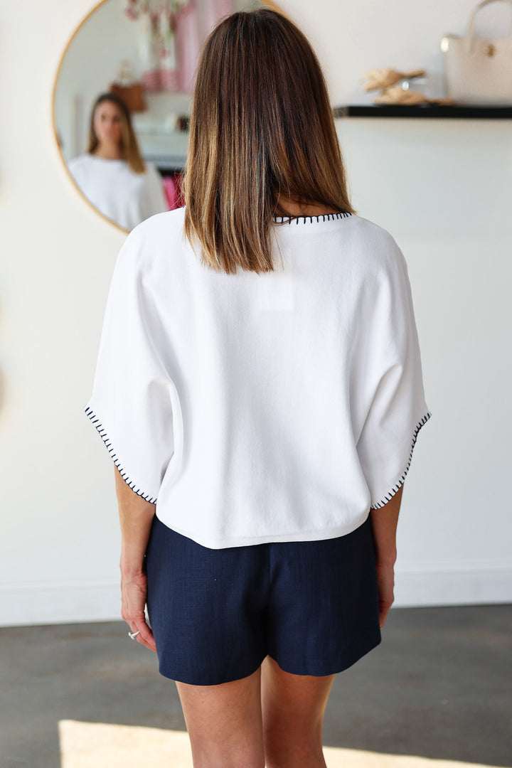 Stitch Trim Knit Top - White