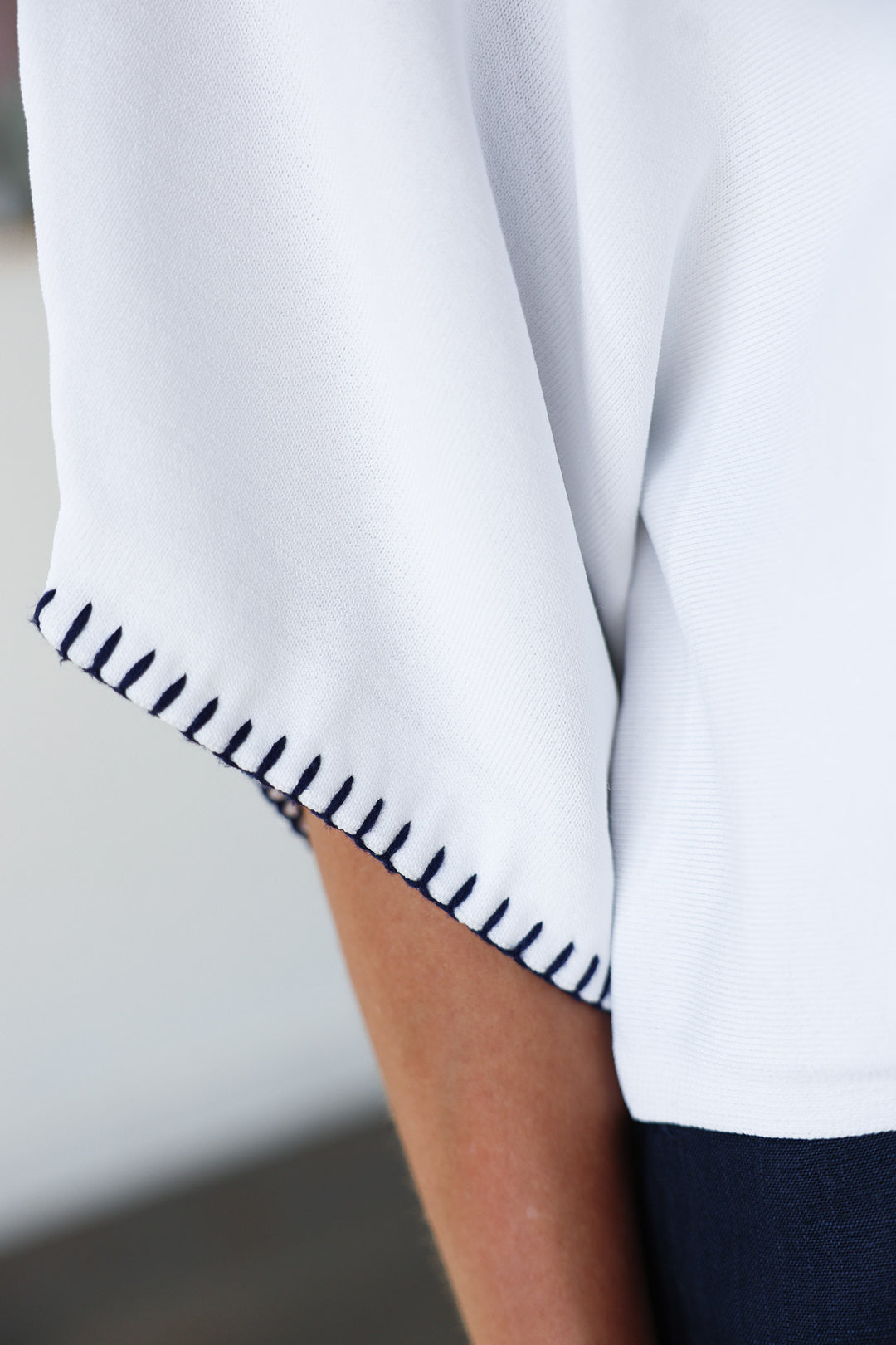 Stitch Trim Knit Top - White