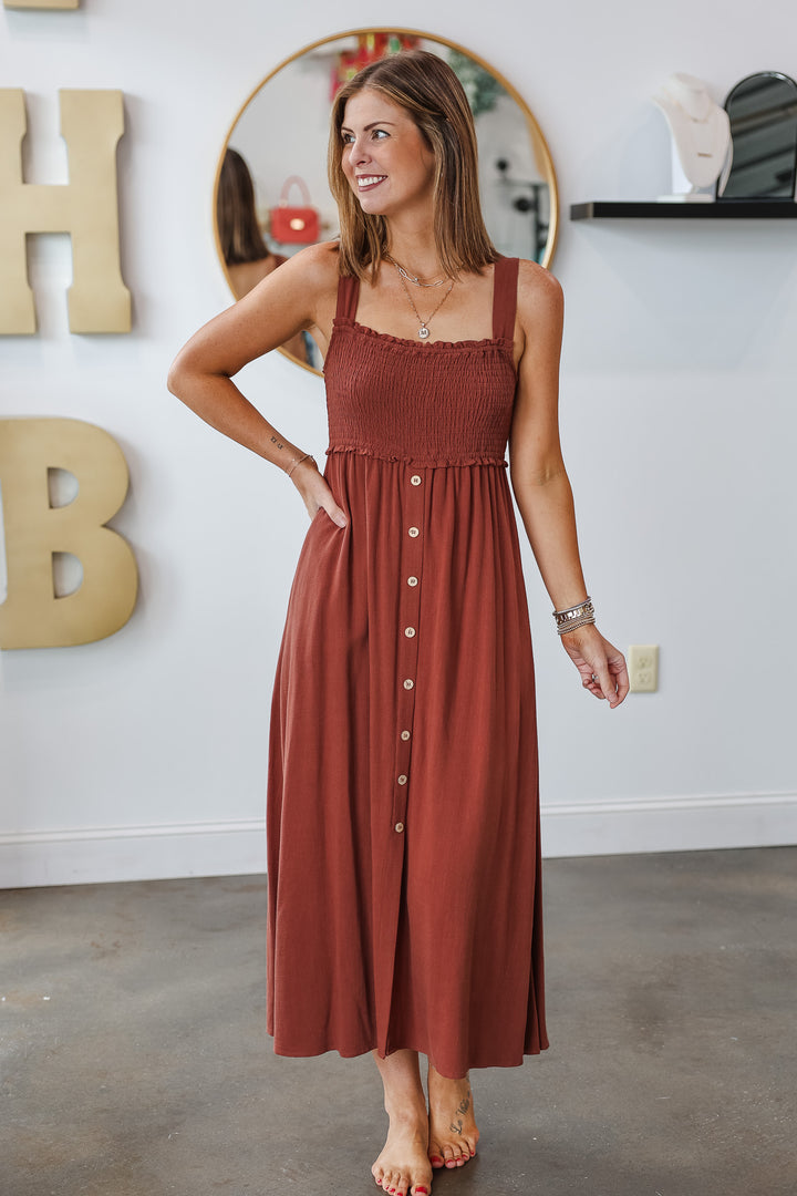 Button Front Midi Dress - Brown