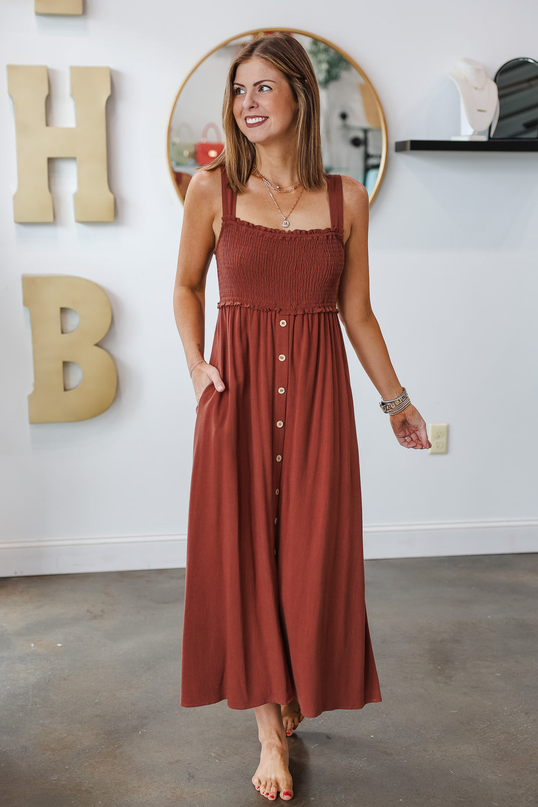 Button Front Midi Dress - Brown