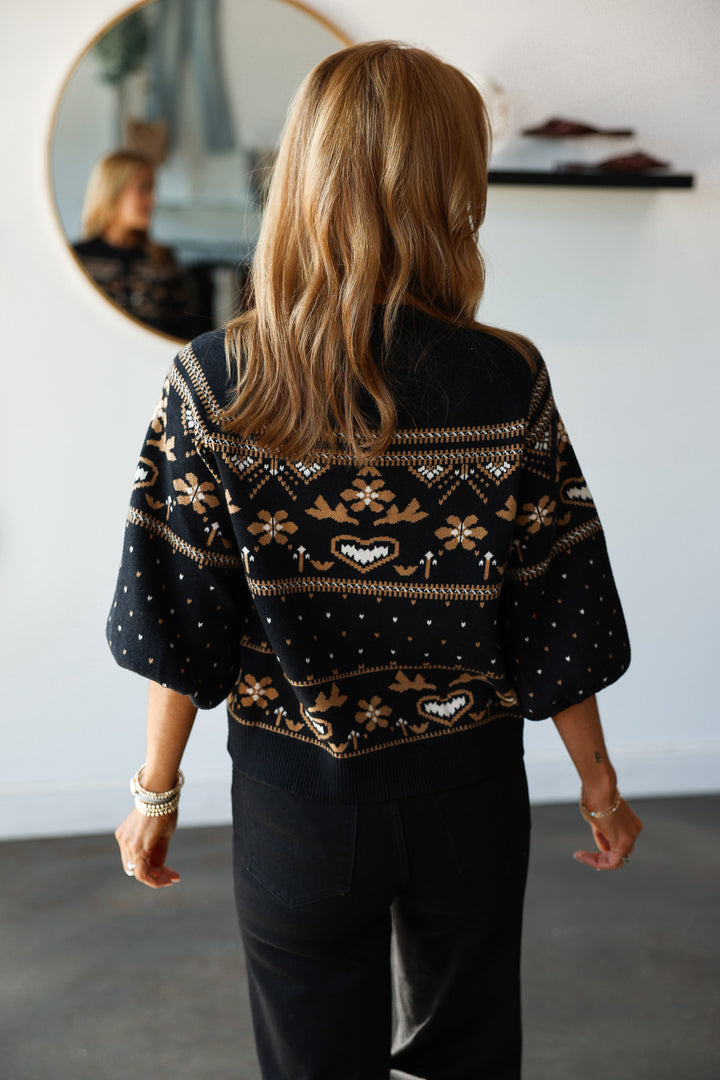 Button Front Pattern Cardigan - Black