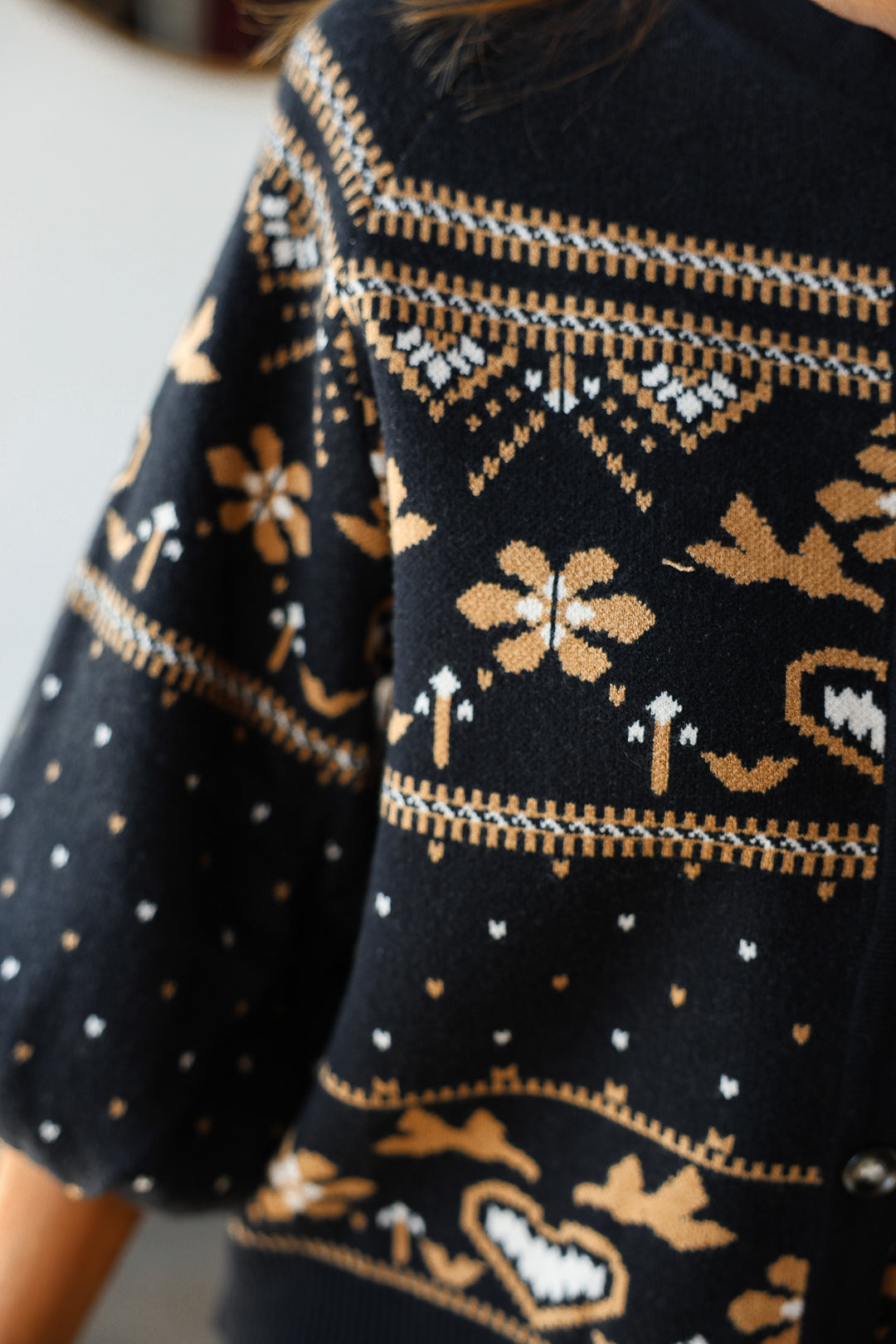 Button Front Pattern Cardigan - Black
