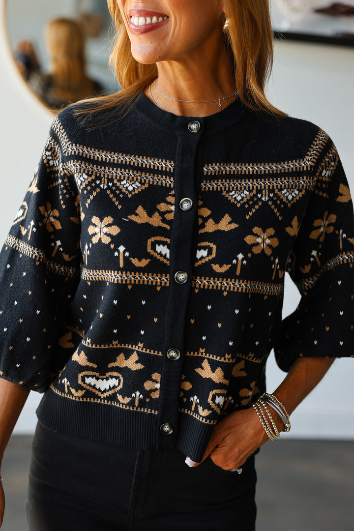 Button Front Pattern Cardigan - Black