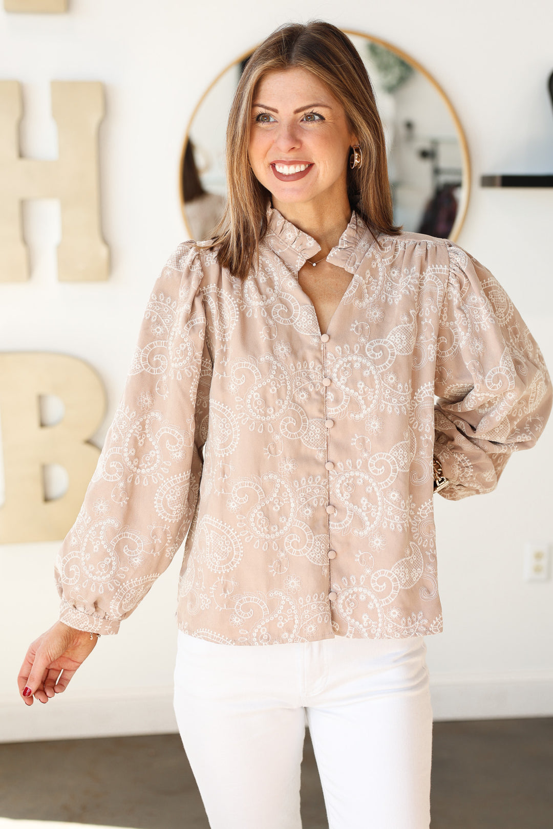 Paisley Embroidered Top - Taupe