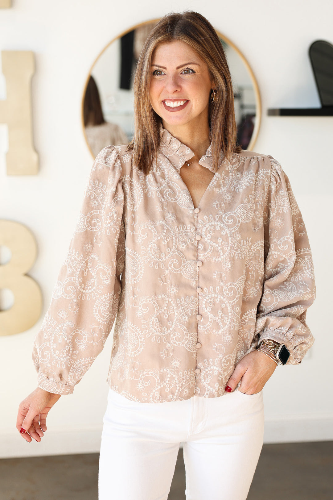 Paisley Embroidered Top - Taupe