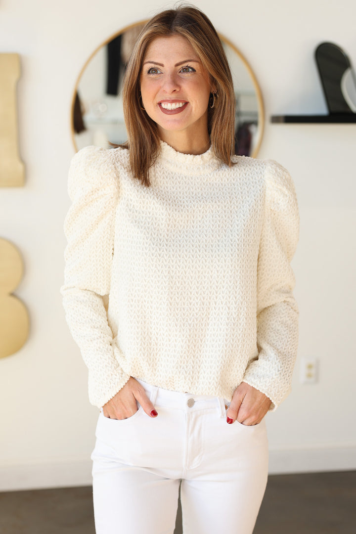 Mock Neck Textured Velvet Top - Cream