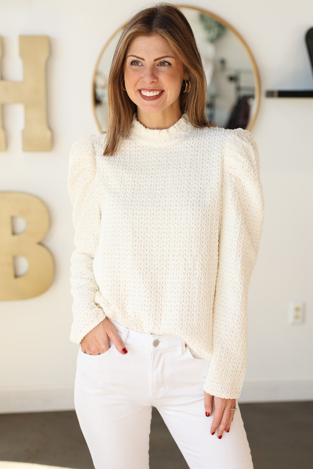 Mock Neck Textured Velvet Top - Cream