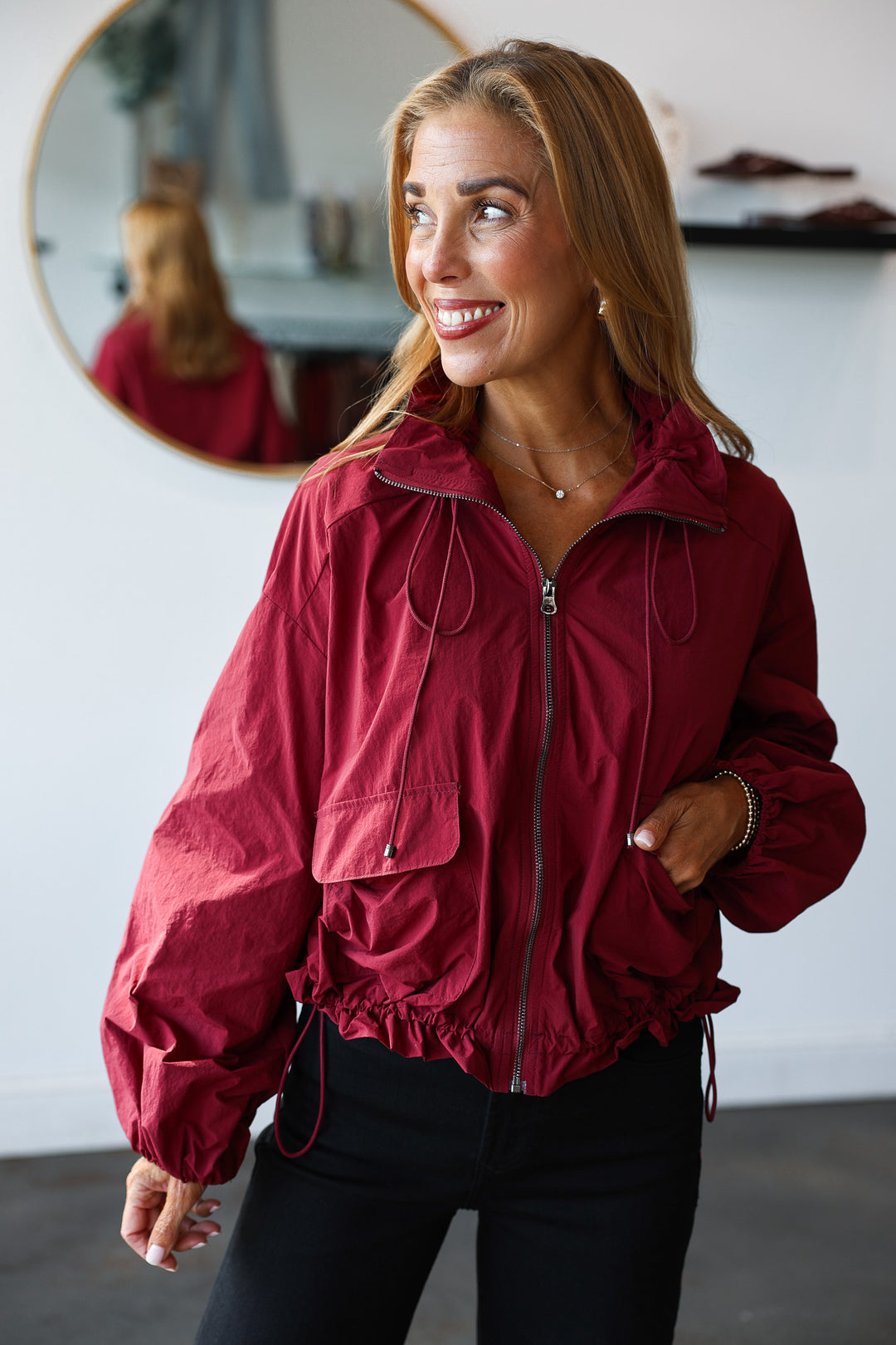 Drawstring Utility Jacket - Burgundy