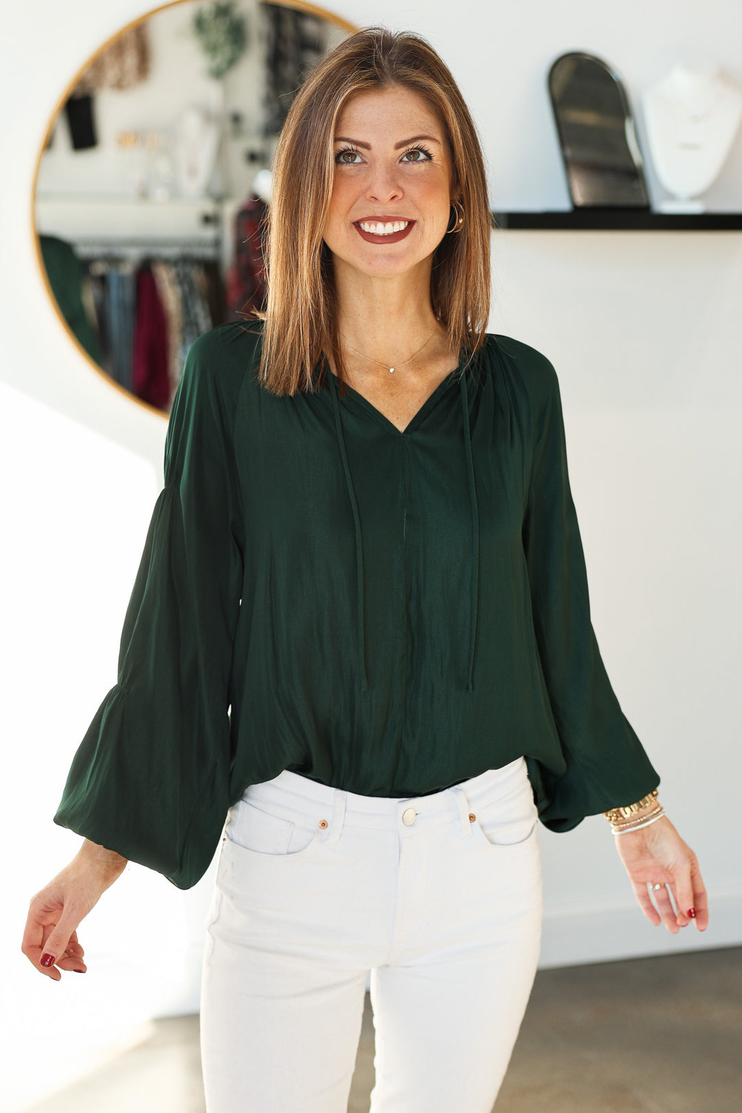 Long Sleeve Satin Blouse - Deep Emerald