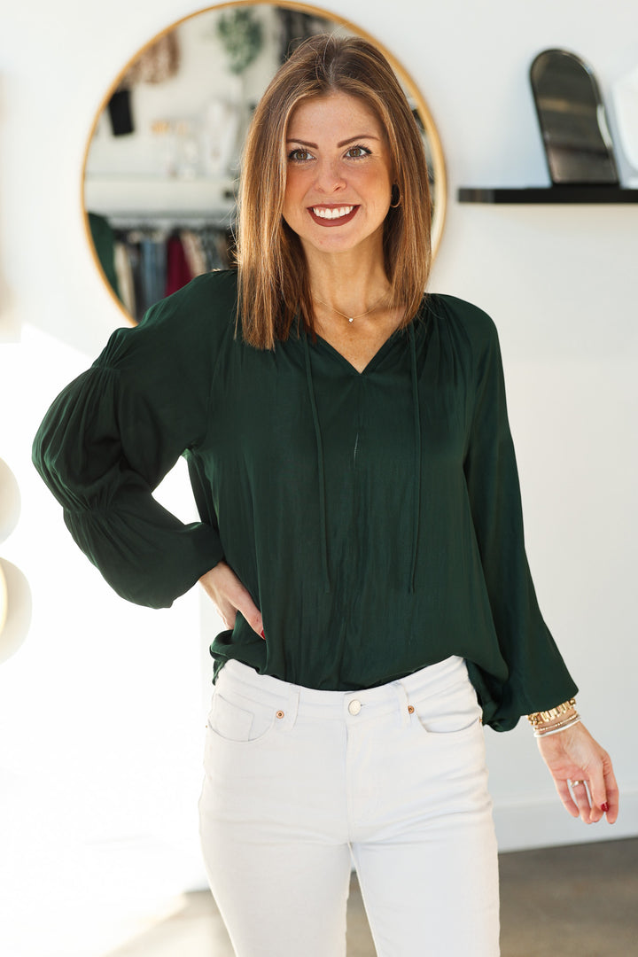 Long Sleeve Satin Blouse - Deep Emerald