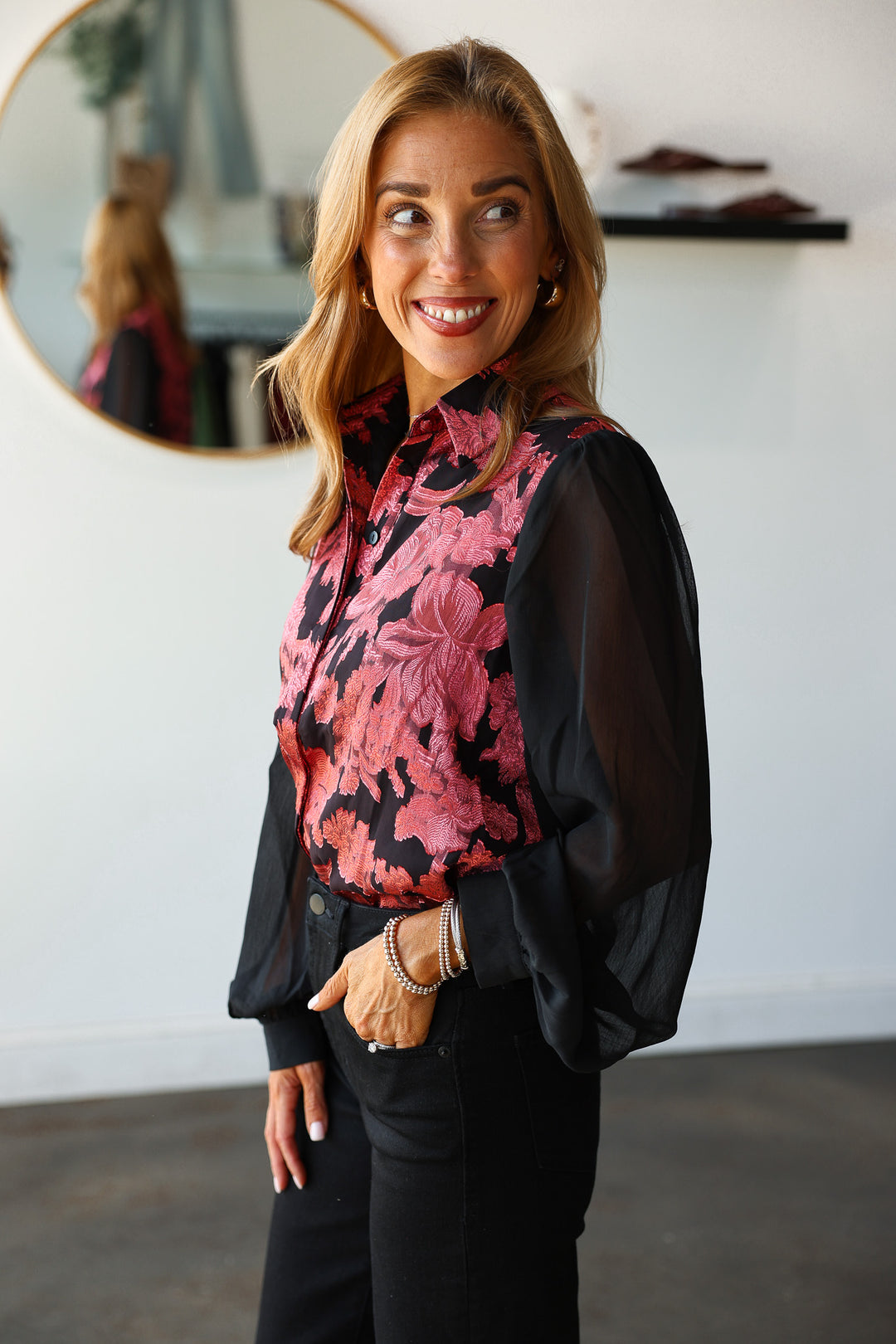 Jacquard Chiffon Button Down Blouse - Black
