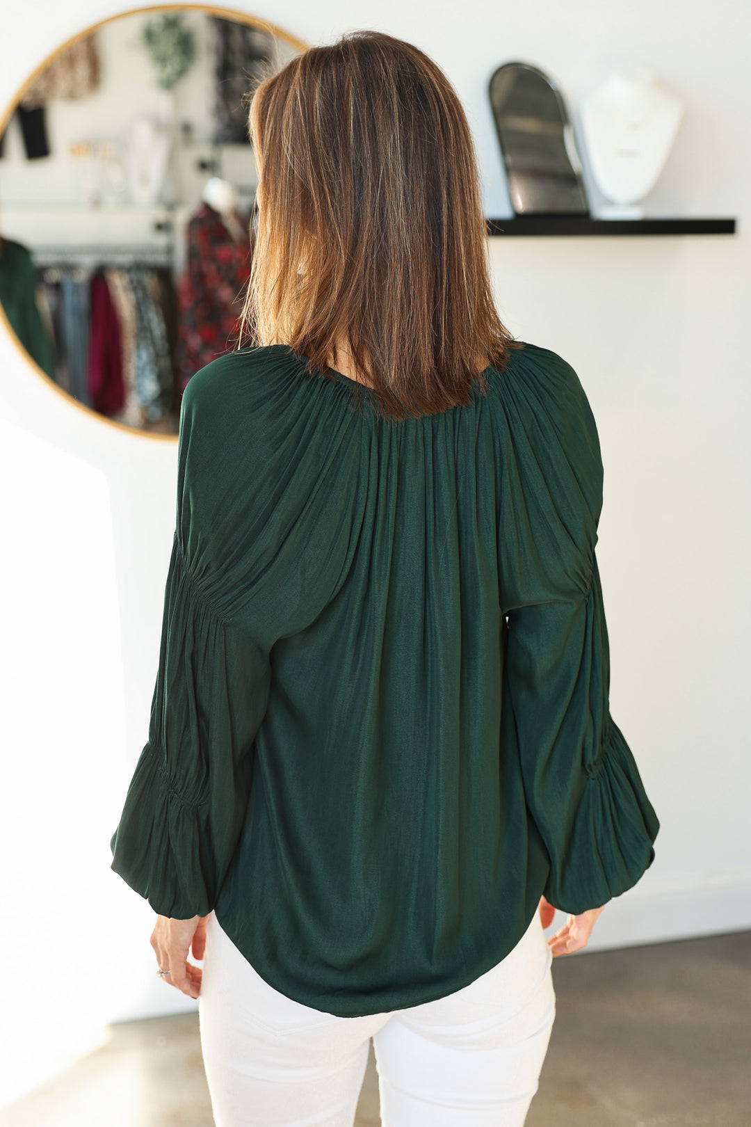 Long Sleeve Satin Blouse - Deep Emerald