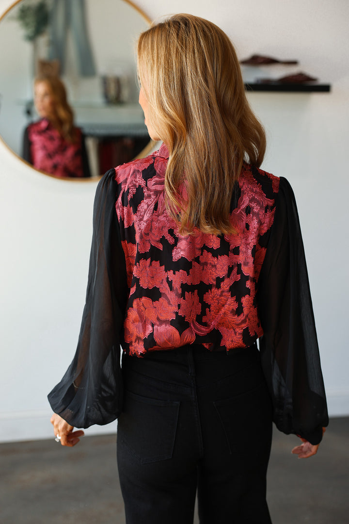 Jacquard Chiffon Button Down Blouse - Black