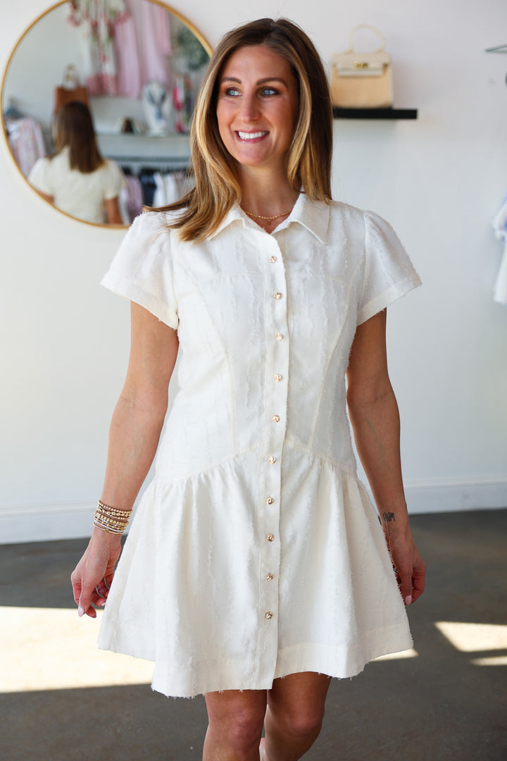 Textured Button Front Dress - Off White