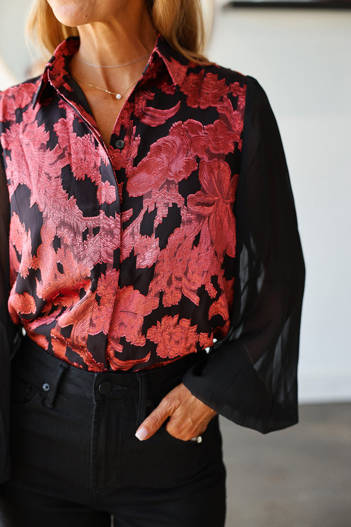 Jacquard Chiffon Button Down Blouse - Black