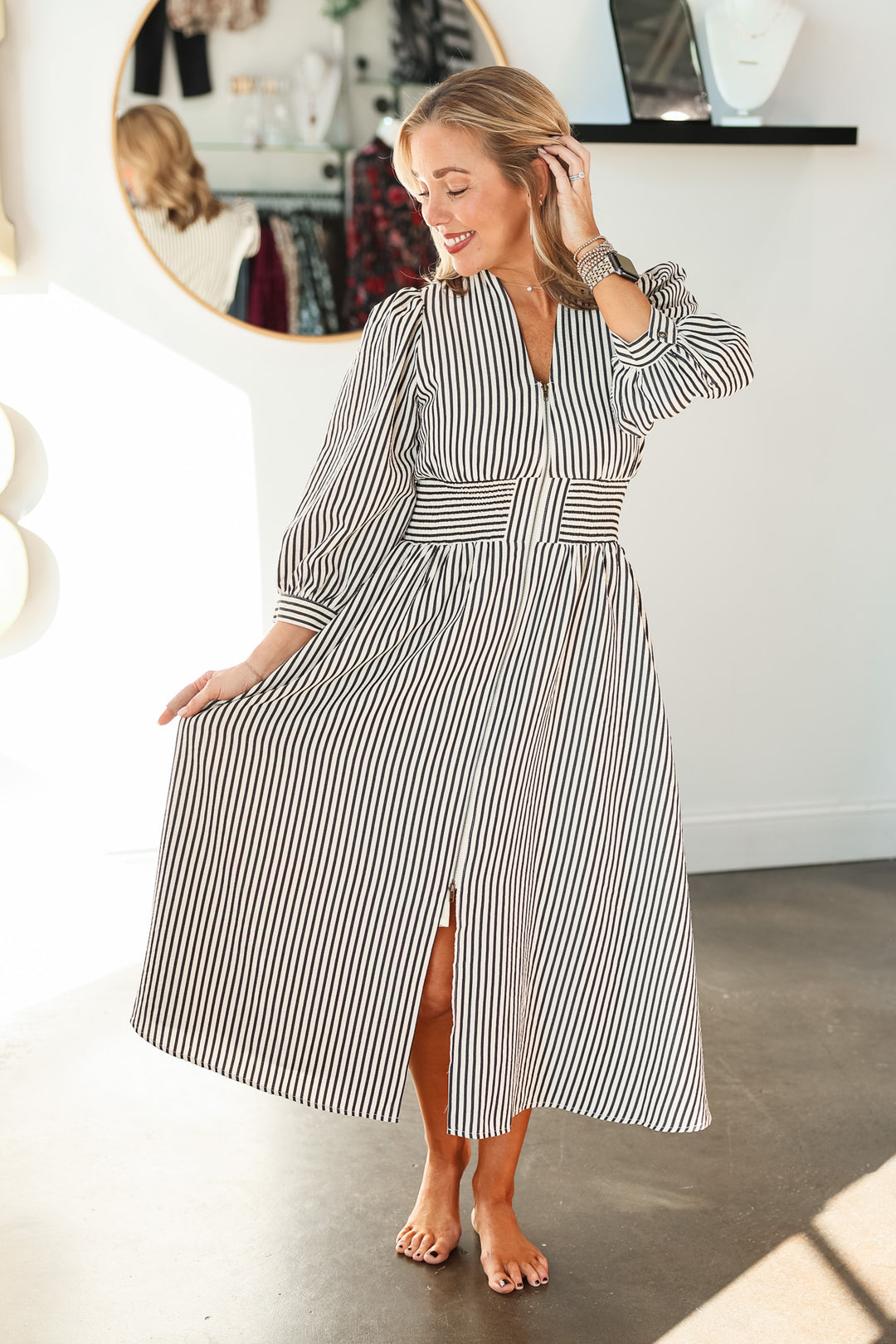 Striped Smocked Waist Dress - Black