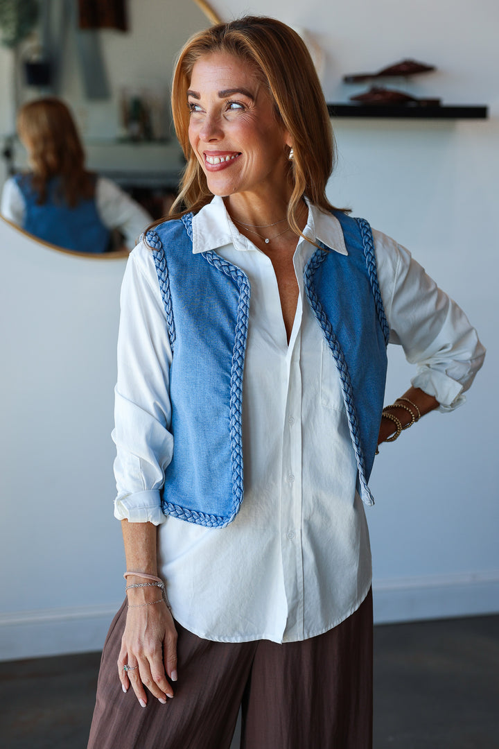 Braided Trim Denim Vest