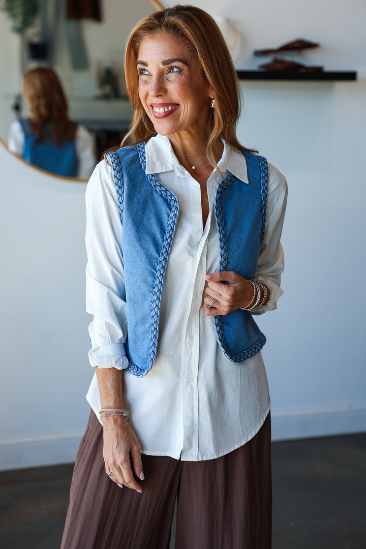 Braided Trim Denim Vest