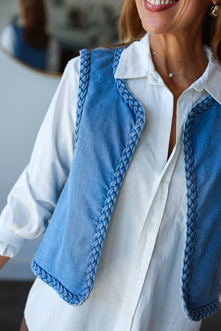 Braided Trim Denim Vest