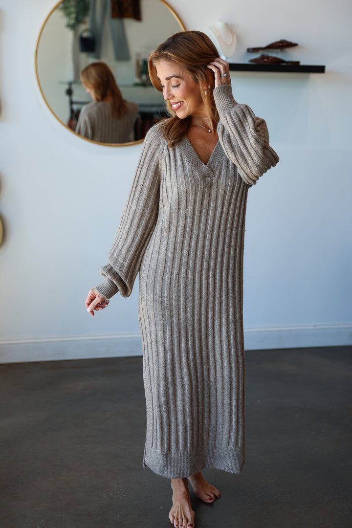 Ribbed Sweater Midi Dress - Taupe