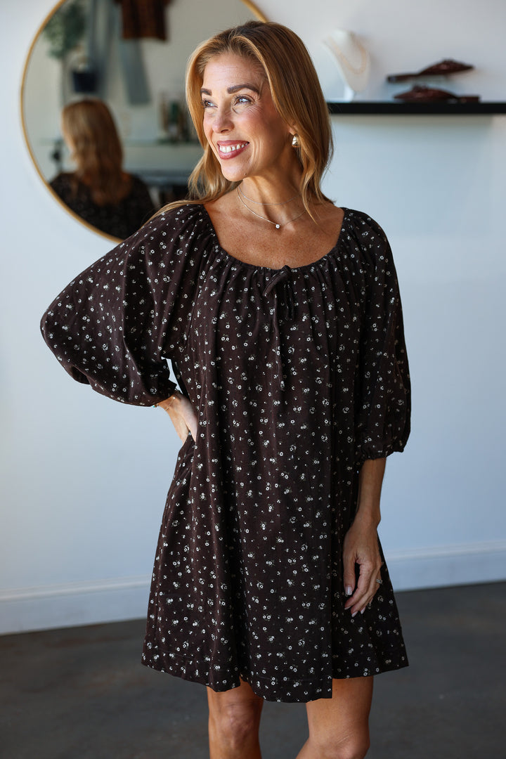 Ditsy Floral Mini Corduroy Dress - Chocolate