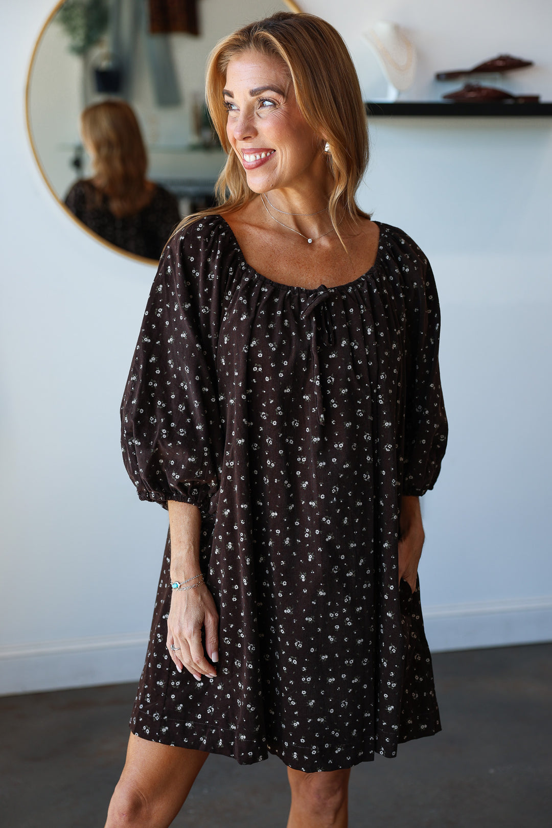 Ditsy Floral Mini Corduroy Dress - Chocolate