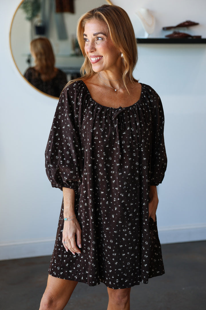 Ditsy Floral Mini Corduroy Dress - Chocolate